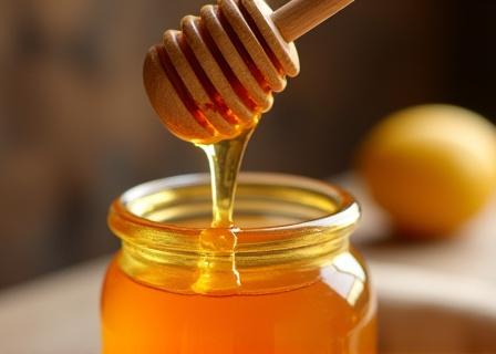 Miel dorada vertiéndose de una cuchara de madera